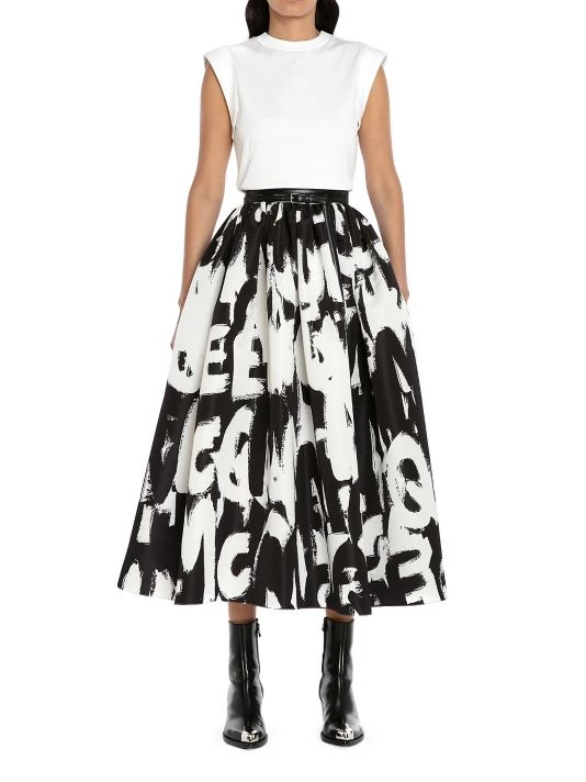 Alexander McQueen Flared Grafitti-Logo Midi-Skirt Electric Blue Black 2 Alexander McQueen Flared Grafitti-Logo Midi-Skirt Electric Blue Black - Image 2