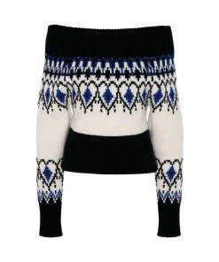 Alexander McQueen Intarsia-Knit Off-The-Shoulder Sweater