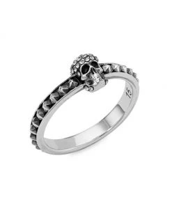 Alexander McQueen Antique Silvertone & Crystal Pavé Thin Skull Ring