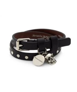 Alexander McQueen Hammered Double-Wrap Leather Skull Bracelet For Men