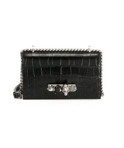 Alexander McQueen Skull Jewelled Croc-Embossed Leather Satchel