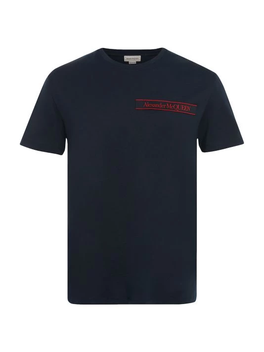 Alexander McQueen Logo Tape Cotton T-Shirt For Men Grey Blue 3 Alexander McQueen Logo Tape Cotton T-Shirt For Men Grey Blue - Image 3