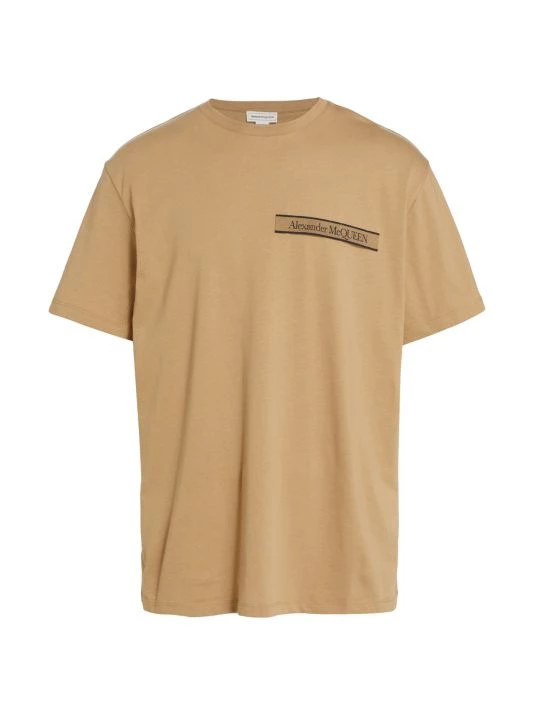 Alexander McQueen Logo Tape Cotton T-Shirt For Men Grey Blue 4 Alexander McQueen Logo Tape Cotton T-Shirt For Men Grey Blue - Image 4