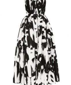 Alexander McQueen Strapless Fit & Flare Graffiti-Logo Gown