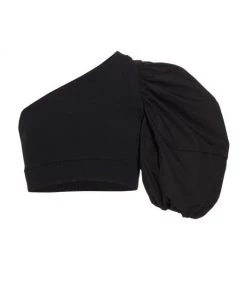Alexander McQueen Cropped One-Shoulder Puff-Sleeve Top Black