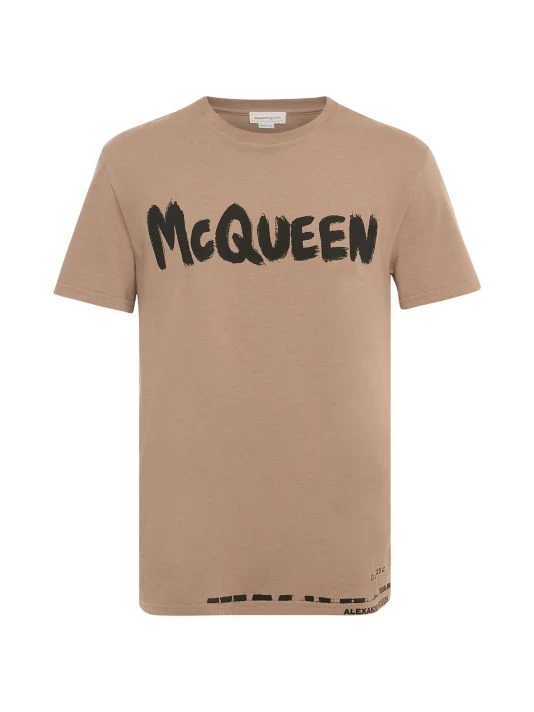 Alexander McQueen Graffiti Logo Cotton T-Shirt For Men Natural 1 Alexander McQueen Graffiti Logo Cotton T-Shirt For Men Natural