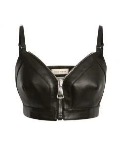 Alexander McQueen Zip Lamb Leather Crop Top Black