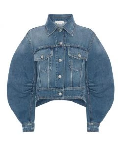 Alexander McQueen Puff-Sleeve Cropped Denim Jacket