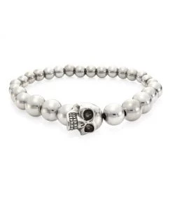 Alexander McQueen Beaded Skull Bracelet For Men Dove Grey