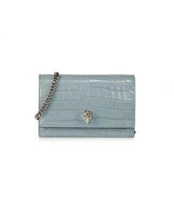 Alexander McQueen Small Skull Croc-Embossed Leather Bag Blue Grey