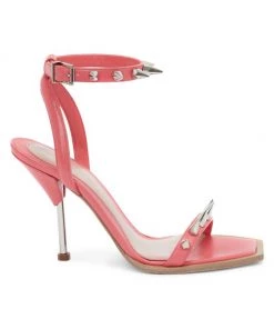 Alexander McQueen Punk Stud Leather Ankle-Strap Sandals Coral Silver -Alexander McQueen Elegant store unnamed file 3466