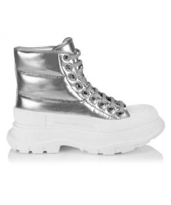 Alexander McQueen Puffer Tread Slick Metallic Leather Ankle Boots