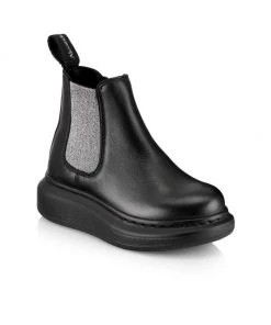 Alexander McQueen Little Girl's & Girl's Leather Chelsea Oversize Boots For Kids Black Gold