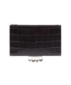 Alexander McQueen Skull Ring Croc-Embossed Leather Document Holder For Men