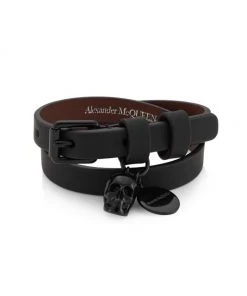 Alexander McQueen Double-Wrap Leather Skull Bracelet For Men